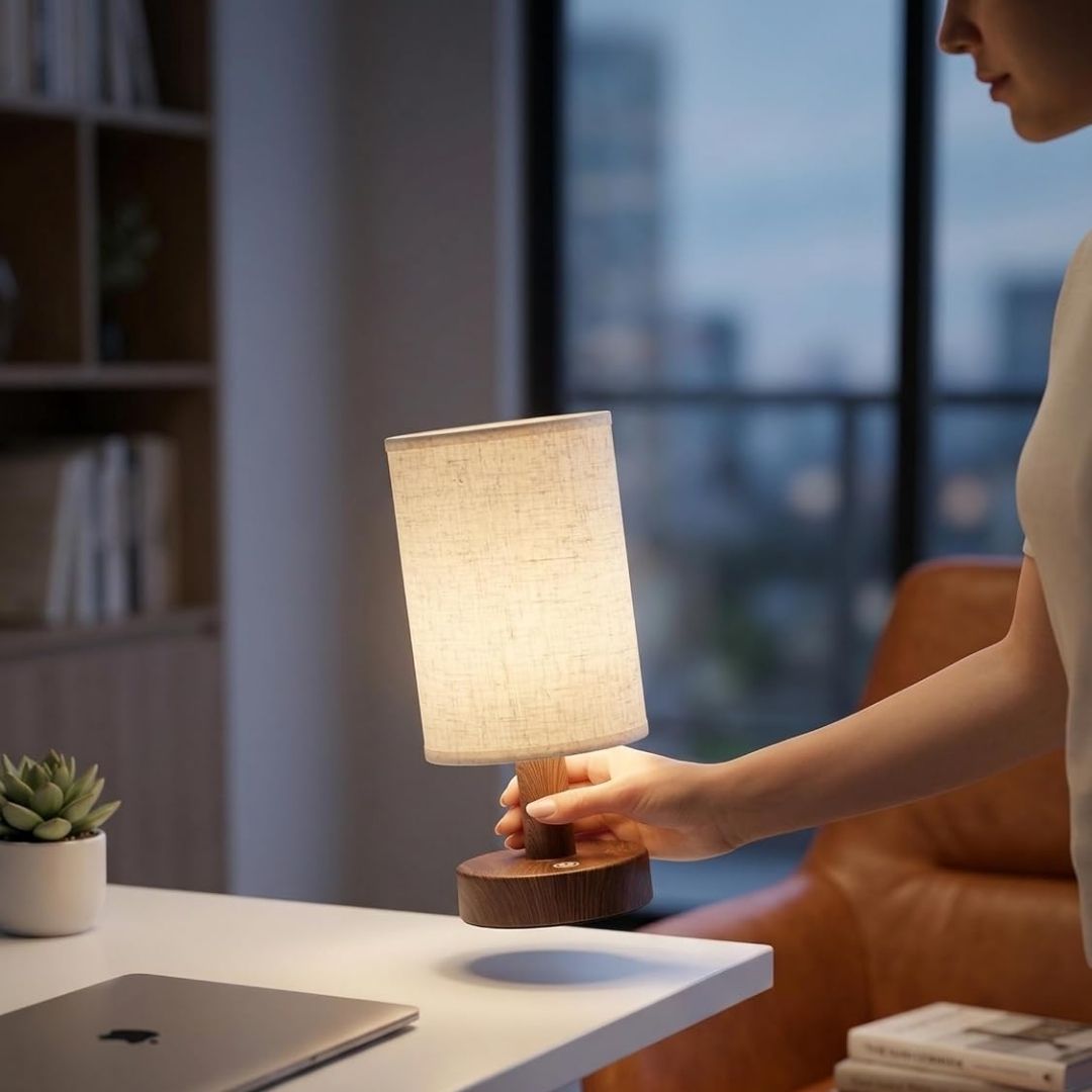 Koselig Treverk Bordlampe - Dekorativ nattbordslampe med tekstilskjerm